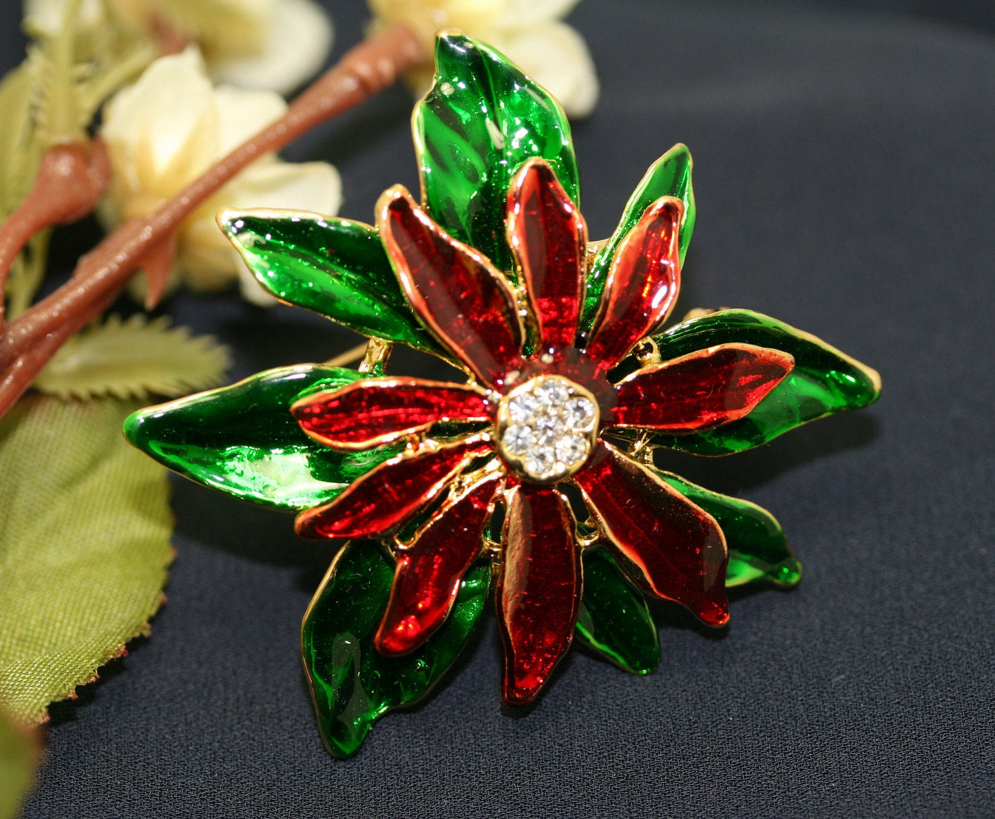 Christmas Enamel Poinsettia Brooch / Pin and Stud Post Earrings Set, Costume Jewelry, Christmas Holiday Jewelry Gift