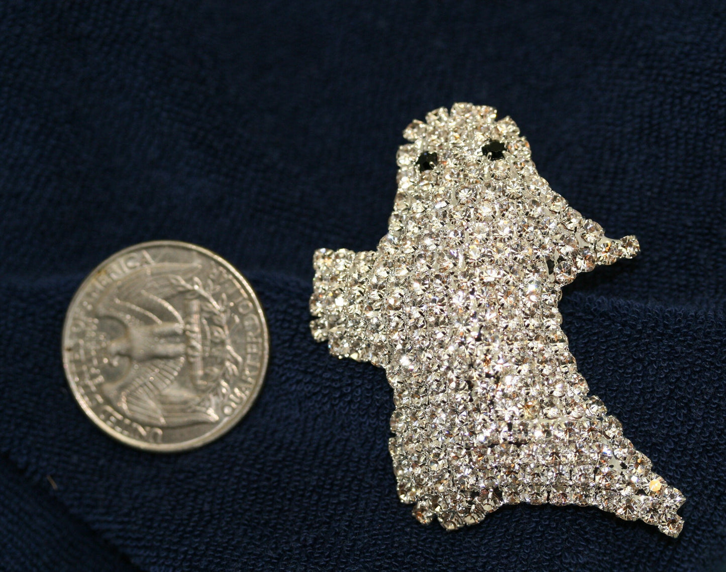 Halloween Adorable Rhinestone Spooky Flying Ghost Pin, Halloween Jewelry, Silver Crystal Ghost Brooch