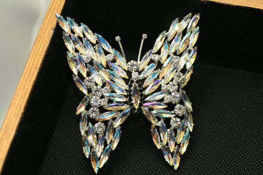 AB Gems Butterfly Brooch, Large Aroura AB Rhinestone Butterfly Pin, Dress Brooch Pin, Wedding Bouquet, Holiday Jewelry Gift