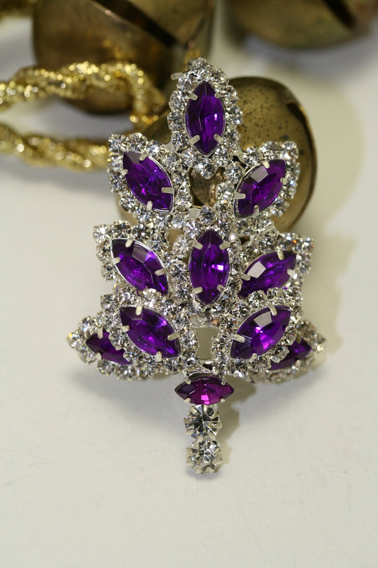 Dazzling Rhinestone Christmas Tree Brooch, Pin, Crystal Purple Xmas Tree, Costume Holiday Jewelry Gift