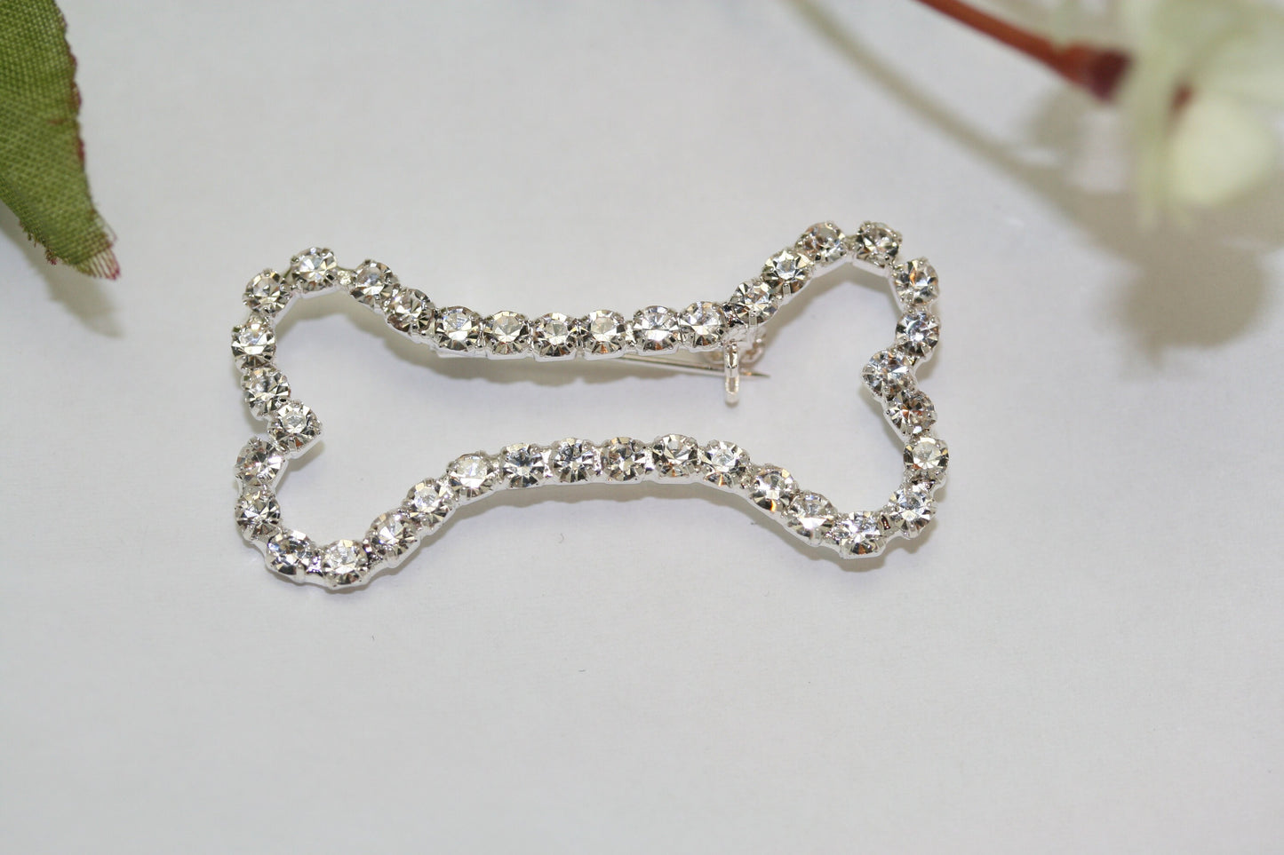 Crystal Clear Dog Bone Outline Rhinestone Pin with Silver Tones Brooch Pin, Gold Tone Dog Bone Costume Jewelry