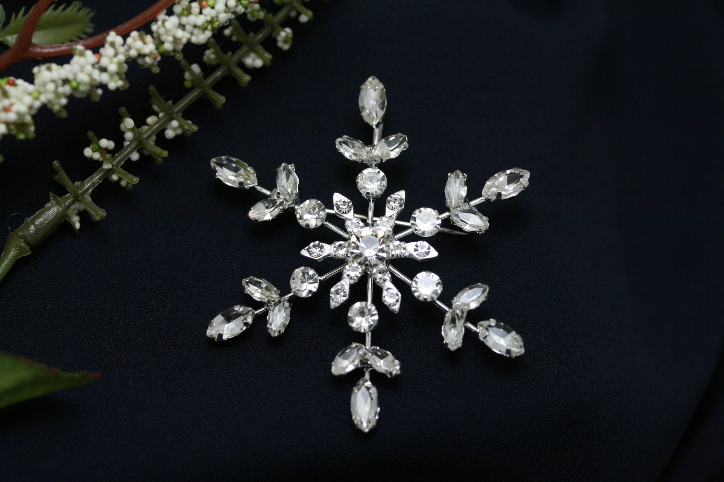 Rhinestone Prong-Set Christmas Snowflake Brooch Pin and Pendant, Winter Star Snowflake Jewelry, Costume Holiday Jewelry Gift