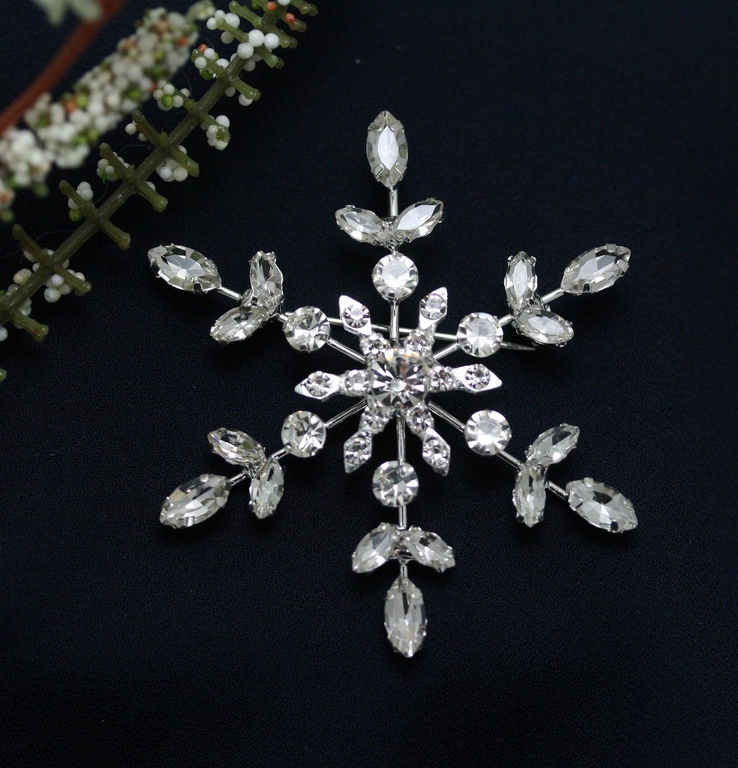 Rhinestone Prong-Set Christmas Snowflake Brooch Pin and Pendant, Winter Star Snowflake Jewelry, Costume Holiday Jewelry Gift