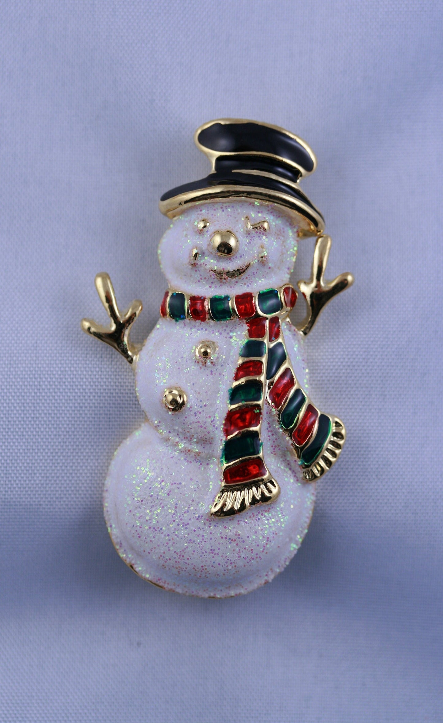 Vintage Christmas Snowman Brooch, Pin Sparkle GLITTER Enamel/metal Holiday Jewelry Gift