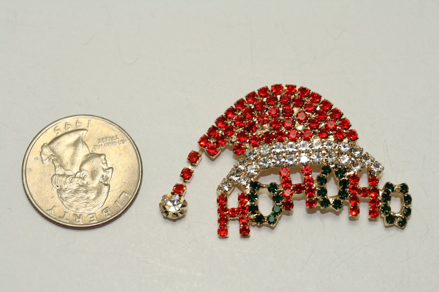 Christmas Red green rhinestone Ho Ho Ho Santa Hat brooch Pin, Xmas Costume Holiday Jewelry Gift