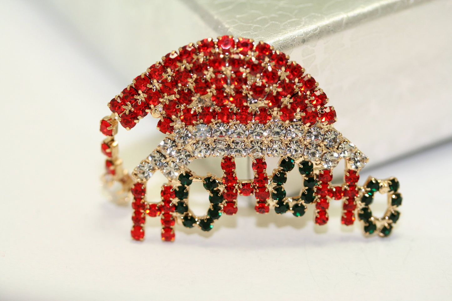 Christmas Red green rhinestone Ho Ho Ho Santa Hat brooch Pin, Xmas Costume Holiday Jewelry Gift