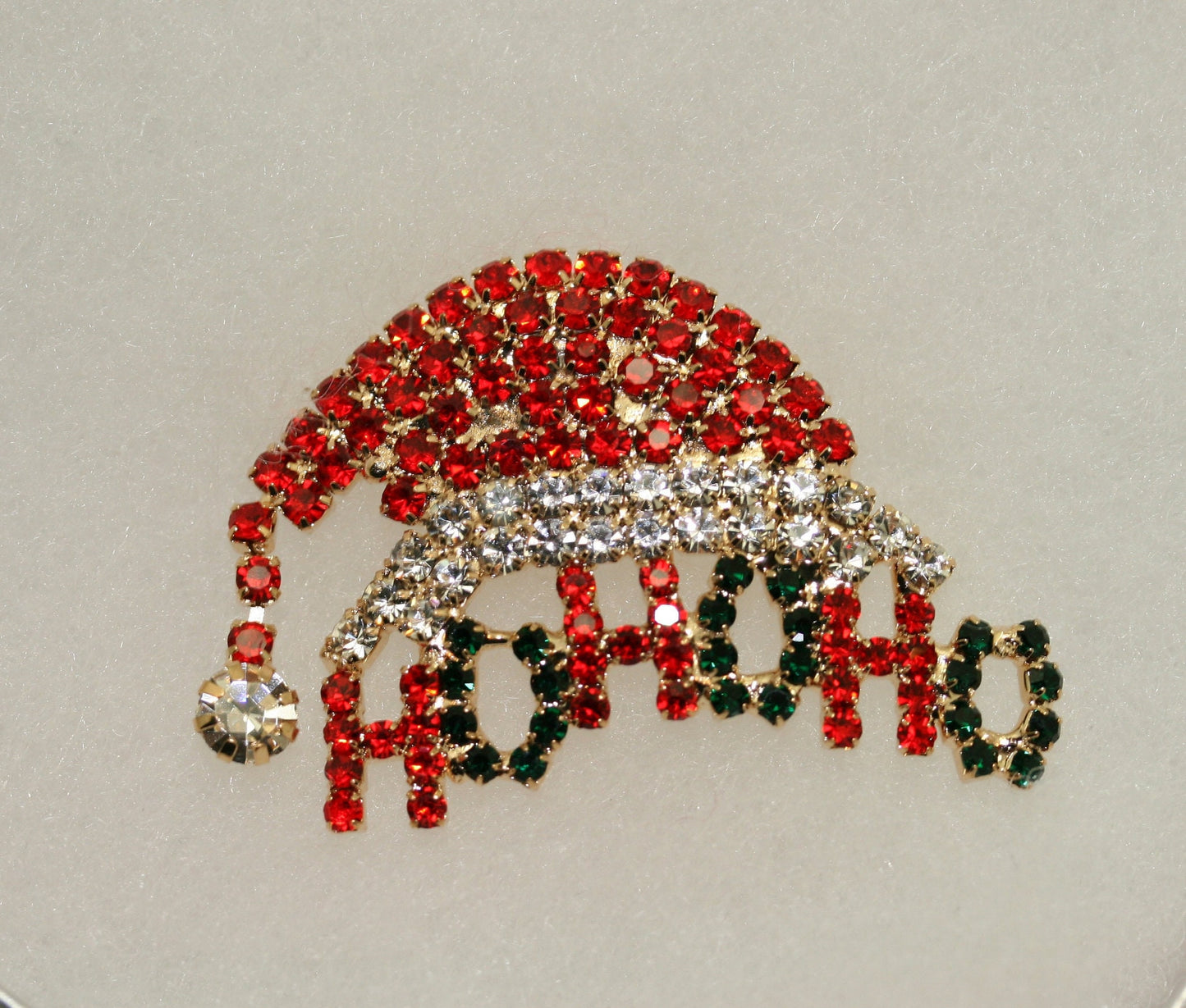 Christmas Red green rhinestone Ho Ho Ho Santa Hat brooch Pin, Xmas Costume Holiday Jewelry Gift