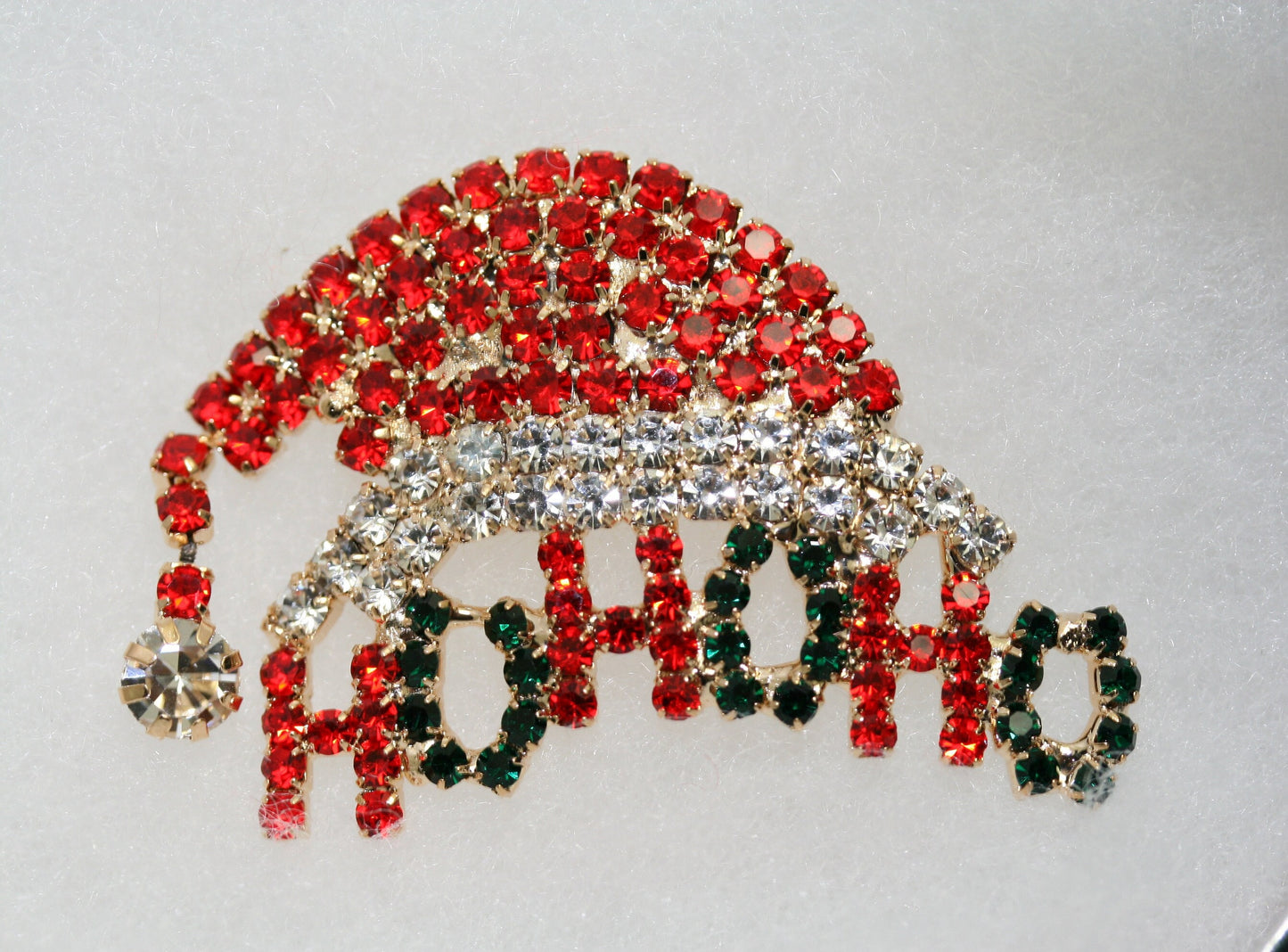 Christmas Red green rhinestone Ho Ho Ho Santa Hat brooch Pin, Xmas Costume Holiday Jewelry Gift