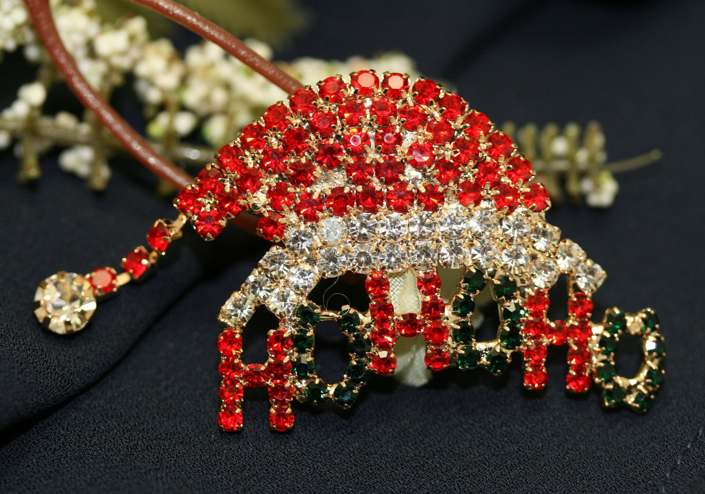 Christmas Red green rhinestone Ho Ho Ho Santa Hat brooch Pin, Xmas Costume Holiday Jewelry Gift
