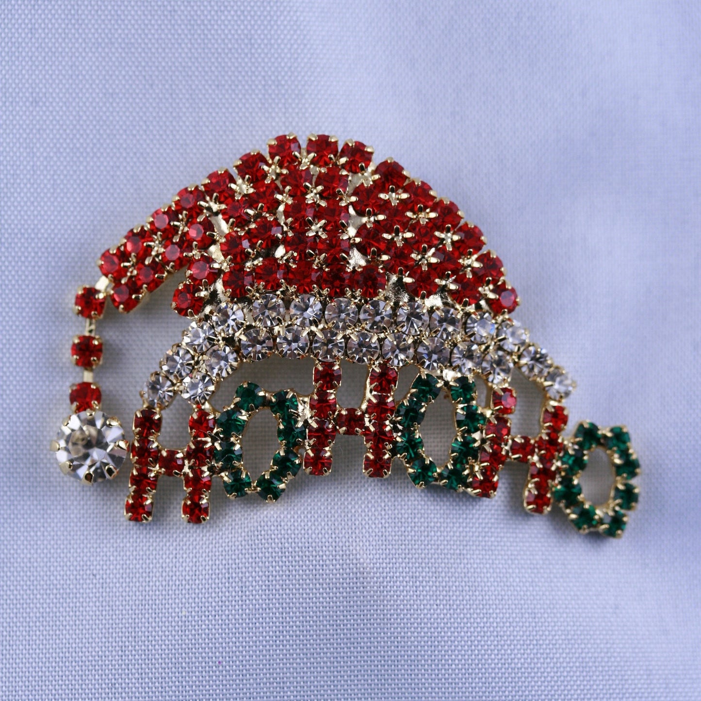Christmas Red green rhinestone Ho Ho Ho Santa Hat brooch Pin, Xmas Costume Holiday Jewelry Gift