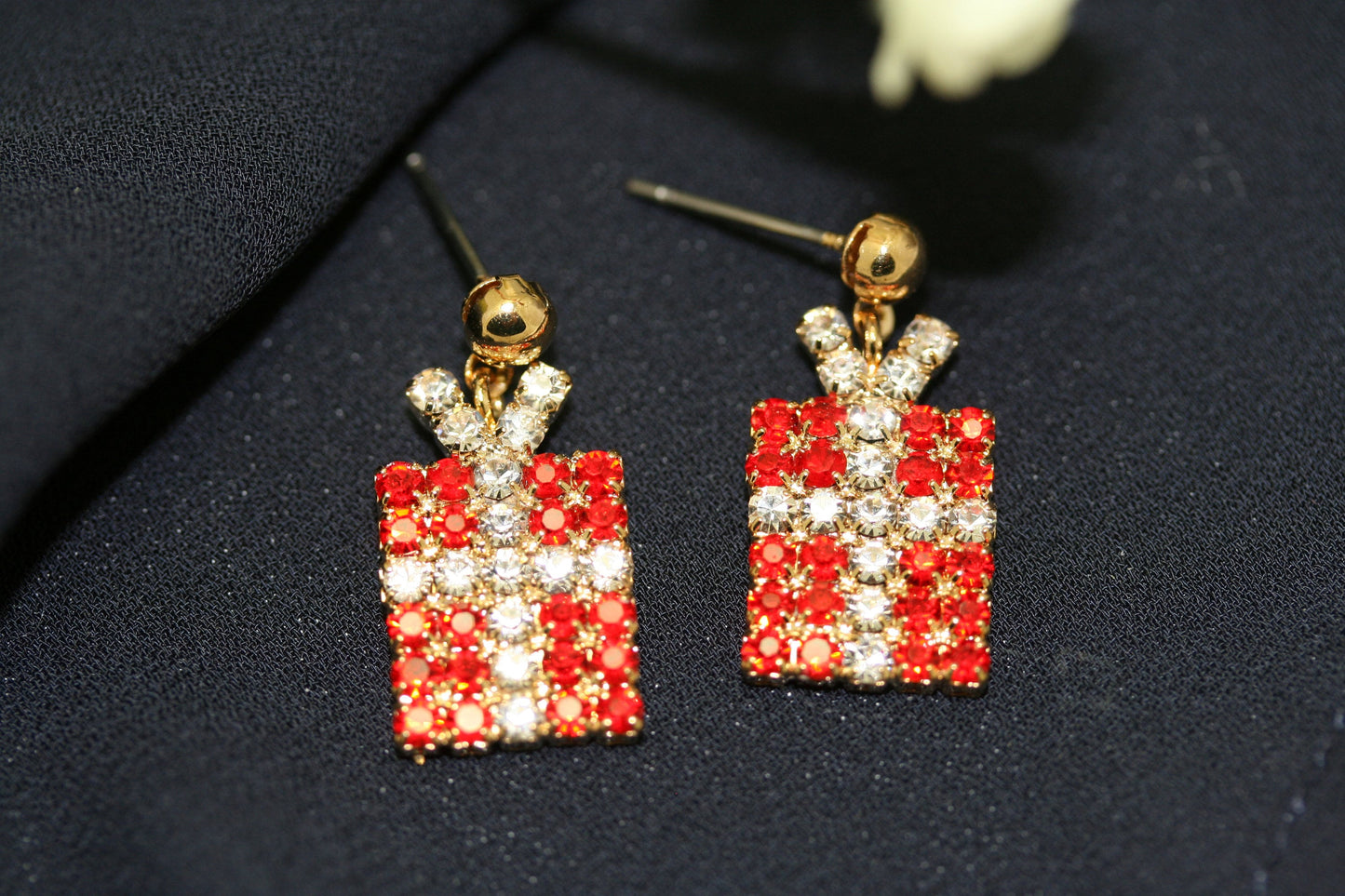 Xmas Christmas Gift Box Package Crystal Rhinestone Stud Earrings, Holiday Earrings Jewelry Gift