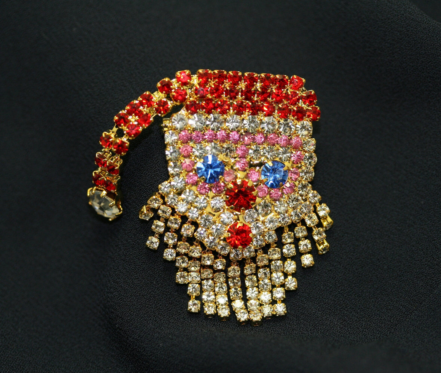 Christmas Santa Claus Pin Brooch, Large Santa Claus Rhinestone Prong Set Moving Beard, Holiday Jewelry Gift