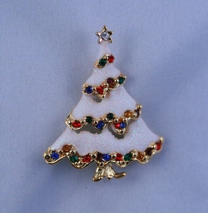 Christmas snow white glitter tree pin brooch with Rhinestone, Crystal Holiday Jewelry Gift