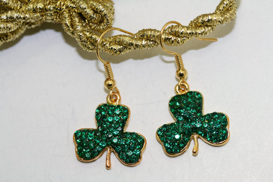 Rhinestone Irish Shamrock Three-leaf Clovers Dangle Earrings, IRISH St Patrick's Day Jewelry Gift
