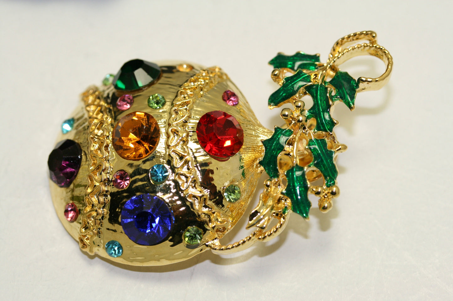 Christmas Ornament Tie TacK Pin Brooch Rhinestone Enamel Gold-Tone, Christmas Holiday Jewelry Gift