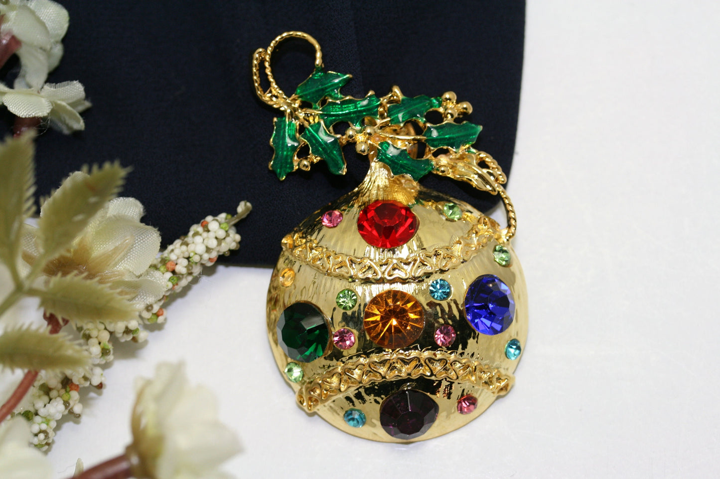 Christmas Ornament Tie TacK Pin Brooch Rhinestone Enamel Gold-Tone, Christmas Holiday Jewelry Gift