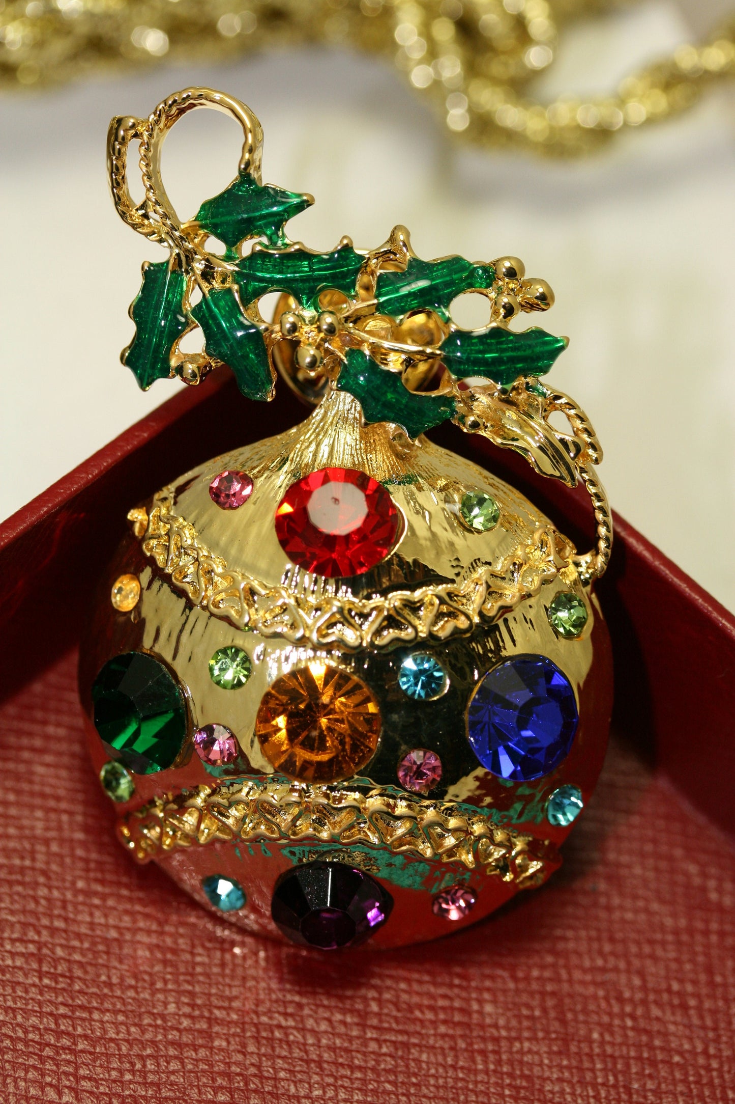 Christmas Ornament Tie TacK Pin Brooch Rhinestone Enamel Gold-Tone, Christmas Holiday Jewelry Gift