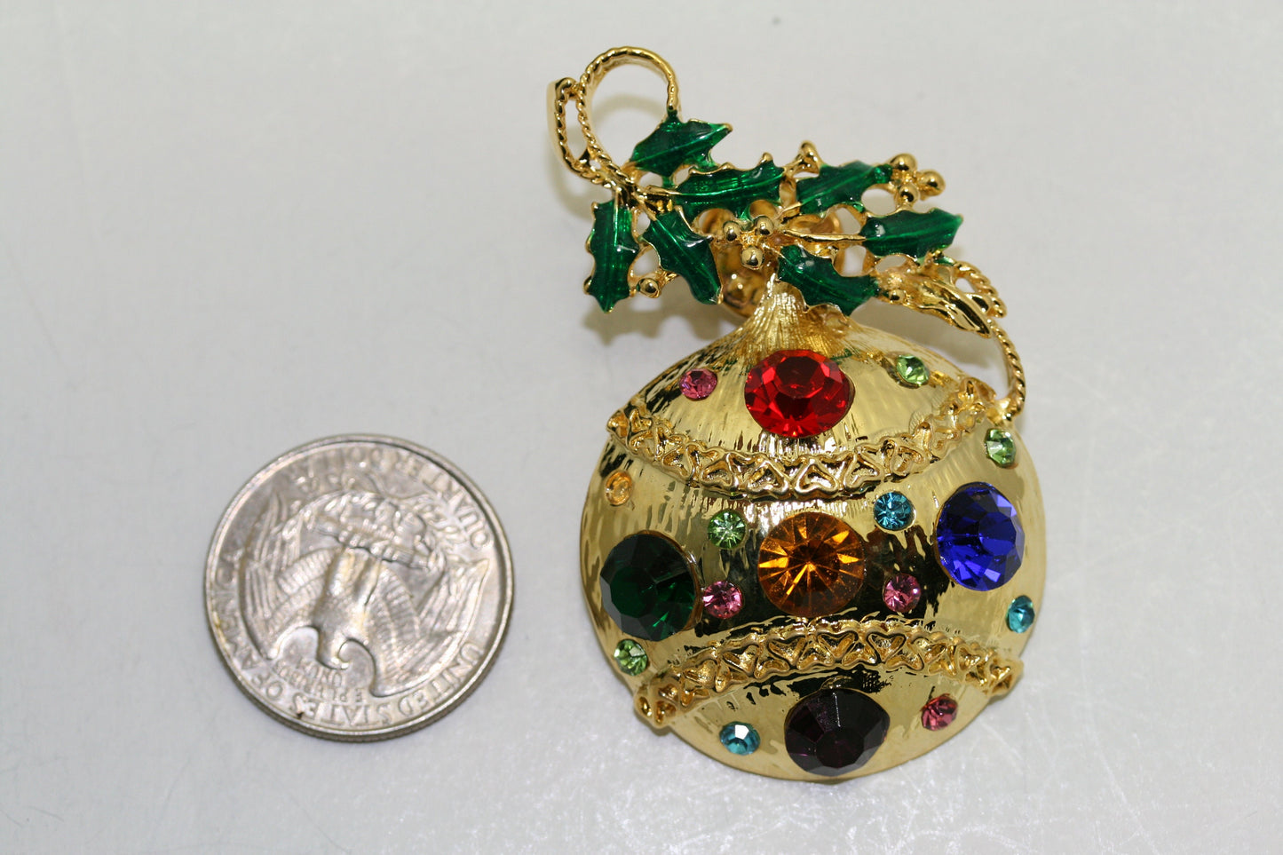 Christmas Ornament Tie TacK Pin Brooch Rhinestone Enamel Gold-Tone, Christmas Holiday Jewelry Gift