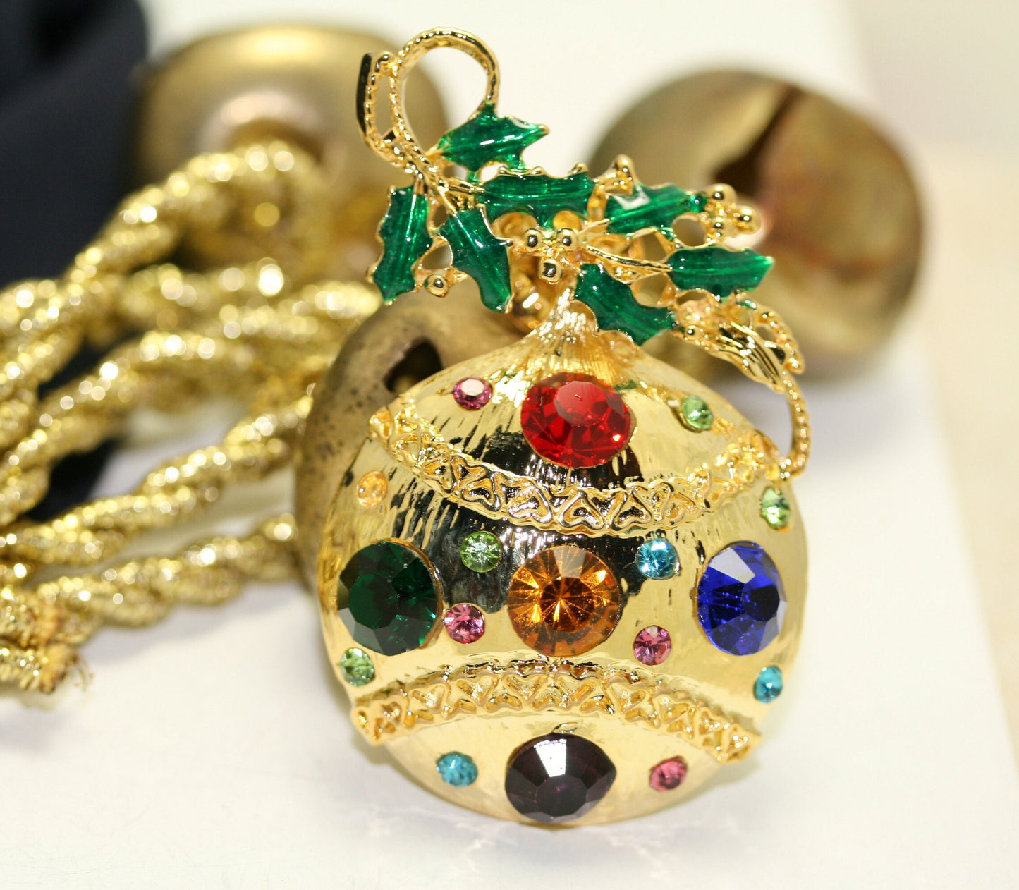 Christmas Ornament Tie TacK Pin Brooch Rhinestone Enamel Gold-Tone, Christmas Holiday Jewelry Gift