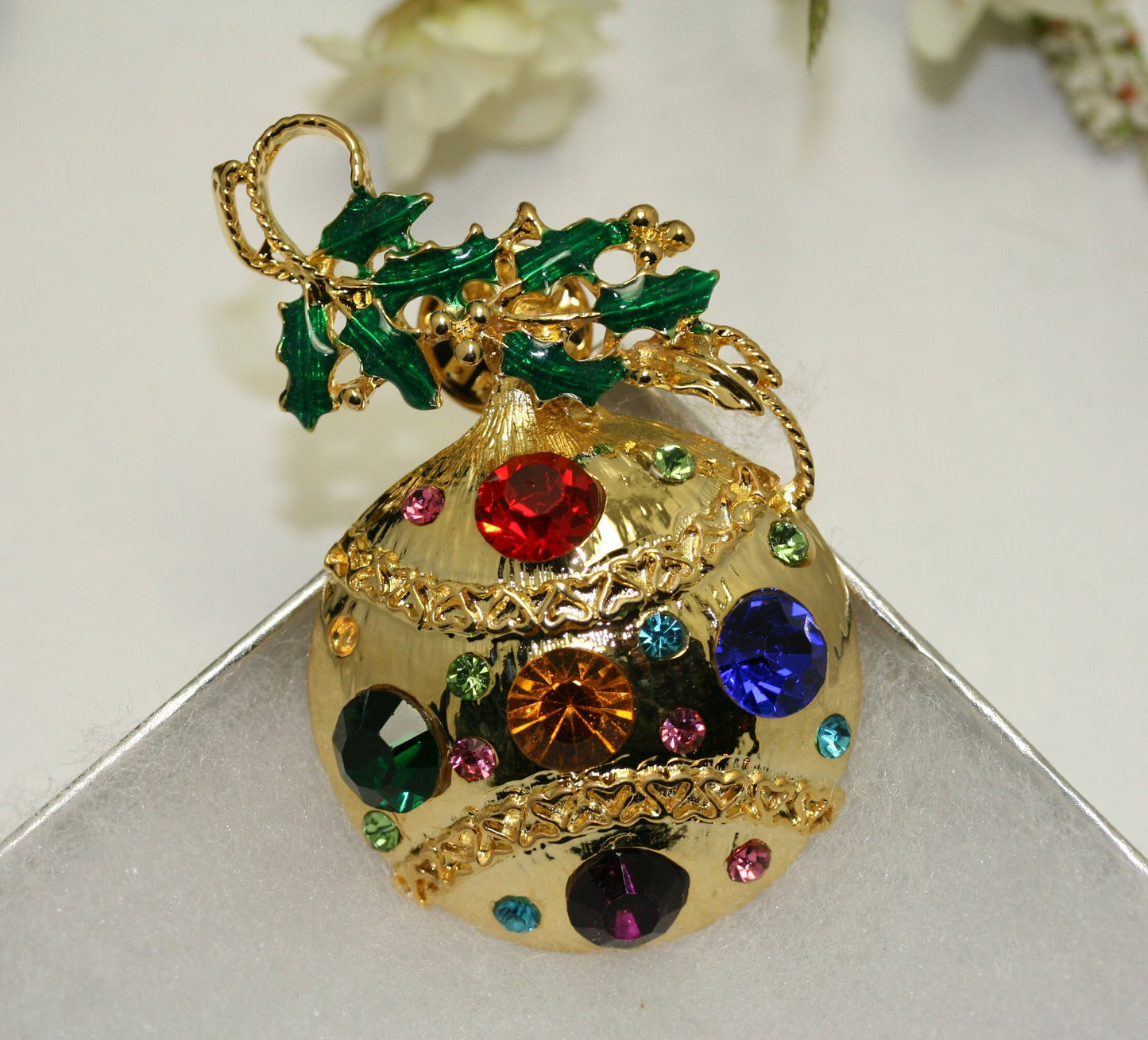 Christmas Ornament Tie TacK Pin Brooch Rhinestone Enamel Gold-Tone, Christmas Holiday Jewelry Gift