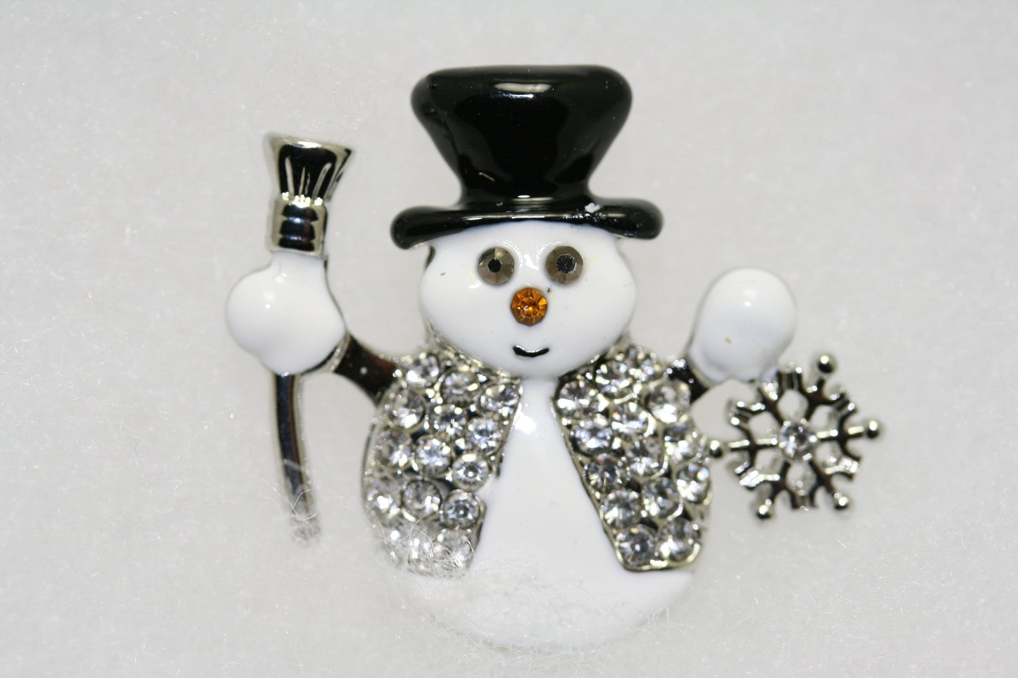 Christmas Snowman Brooch, Glittery and Glitzy Snowman Pin with Clear Rhinestones and Enameling, Holiday Fashion Jewelry