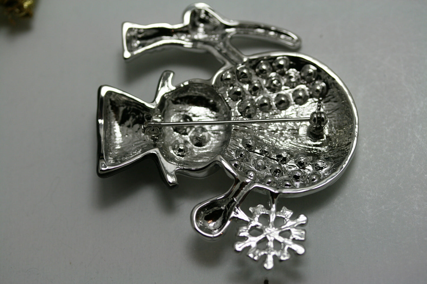 Christmas Snowman Brooch, Glittery and Glitzy Snowman Pin with Clear Rhinestones and Enameling, Holiday Fashion Jewelry