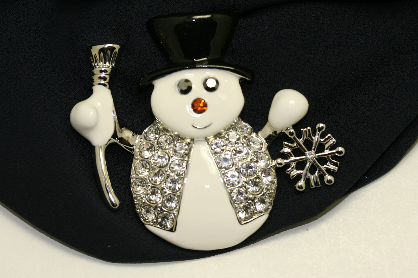 Christmas Snowman Brooch, Glittery and Glitzy Snowman Pin with Clear Rhinestones and Enameling, Holiday Fashion Jewelry