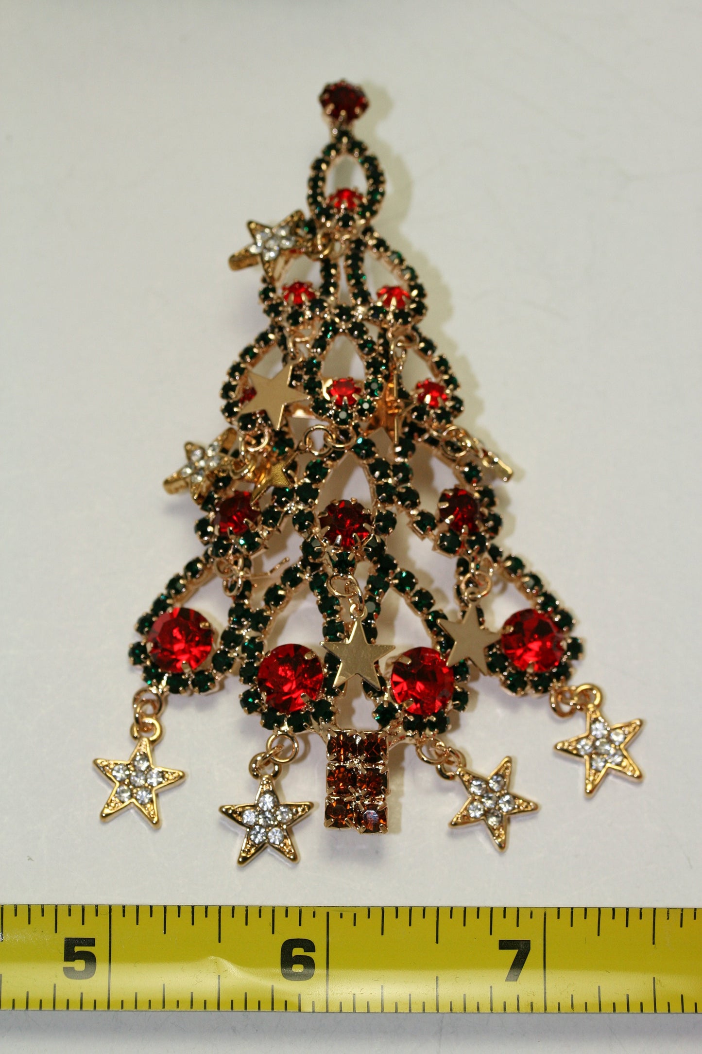 Large Rhinestone Christmas Tree Brooch Dangle Star Ornaments Crystal Red Green, Crystal Xmas tree Holiday Jewelry Gift