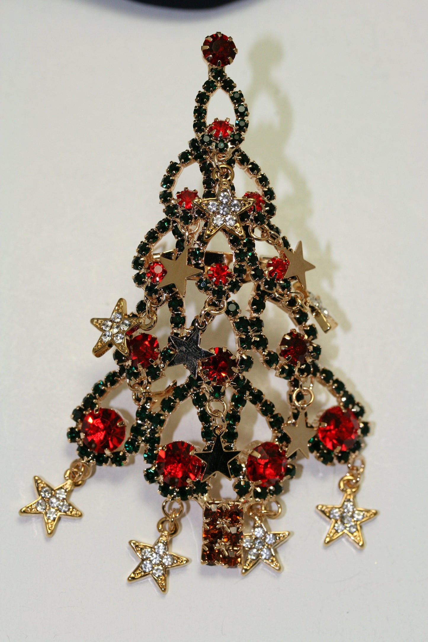 Large Rhinestone Christmas Tree Brooch Dangle Star Ornaments Crystal Red Green, Crystal Xmas tree Holiday Jewelry Gift