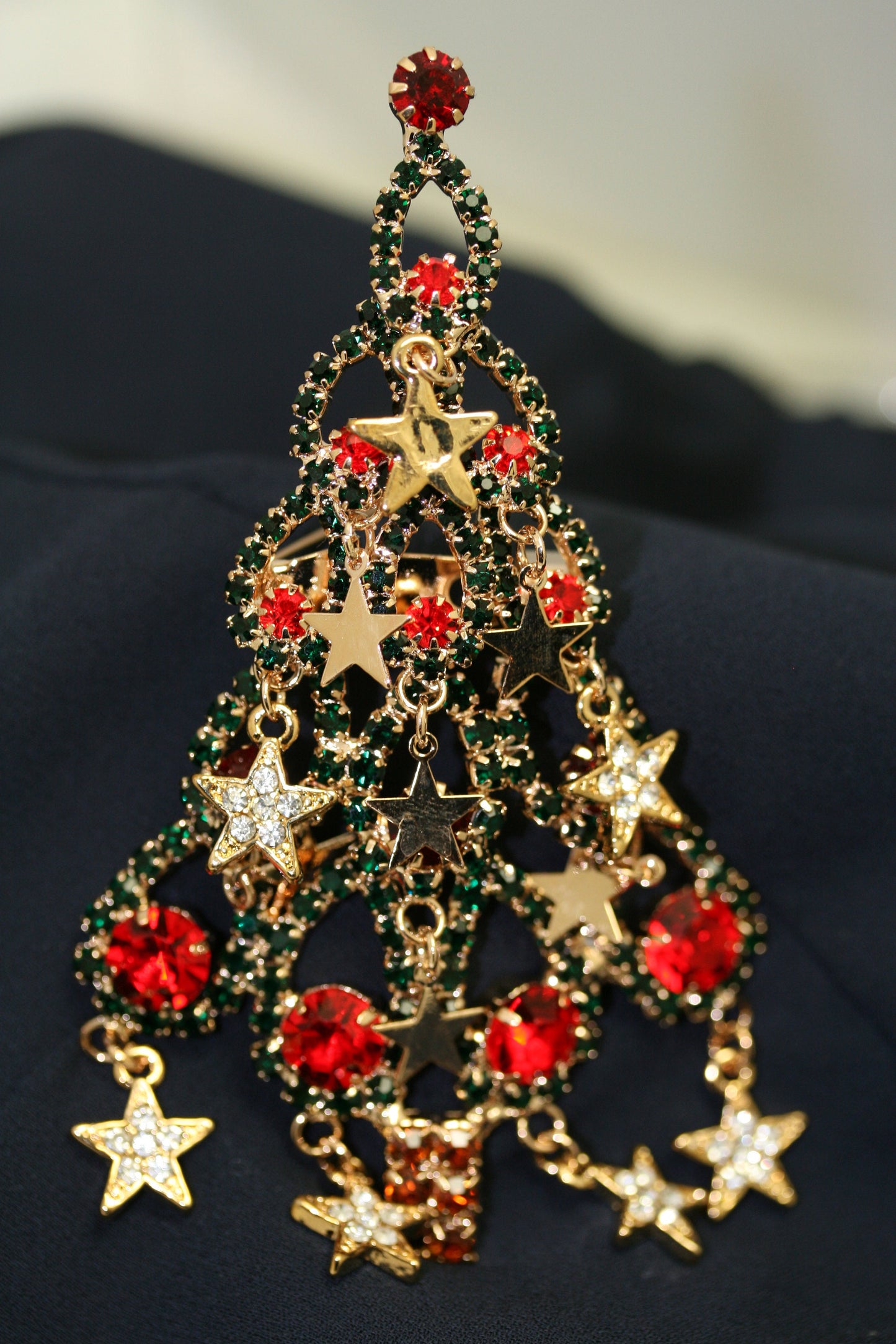 Large Rhinestone Christmas Tree Brooch Dangle Star Ornaments Crystal Red Green, Crystal Xmas tree Holiday Jewelry Gift