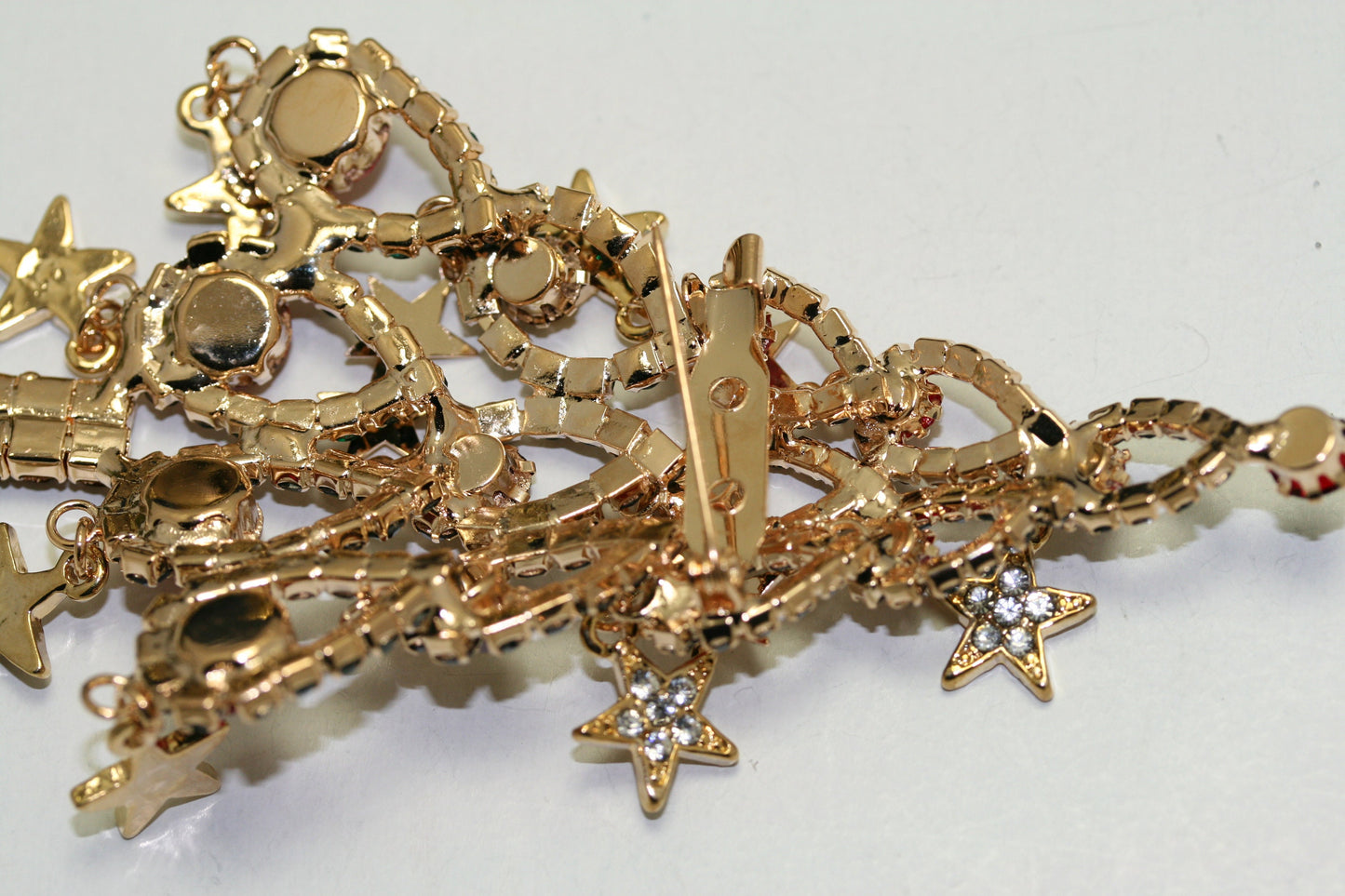 Large Rhinestone Christmas Tree Brooch Dangle Star Ornaments Crystal Red Green, Crystal Xmas tree Holiday Jewelry Gift