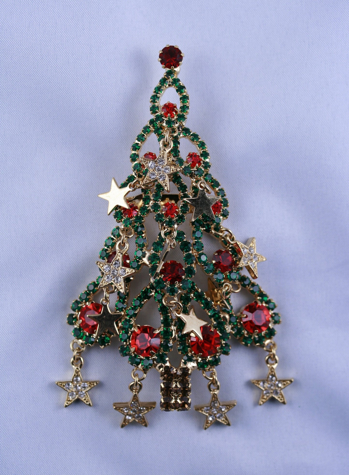 Large Rhinestone Christmas Tree Brooch Dangle Star Ornaments Crystal Red Green, Crystal Xmas tree Holiday Jewelry Gift