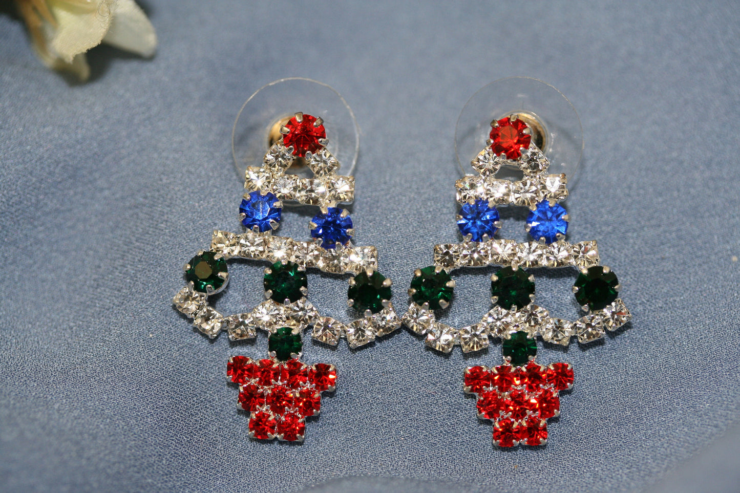 Rhinestone Christmas Tree Stud Post Earrings, Crystal Holiday Xmas Fashion Jewelry Gift
