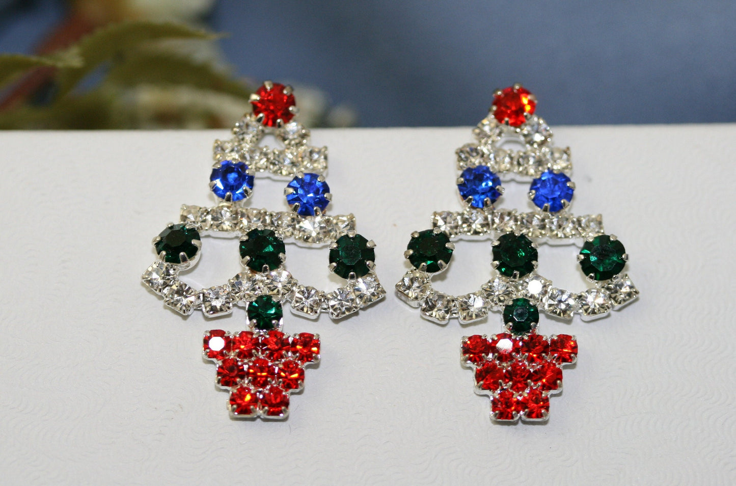 Rhinestone Christmas Tree Stud Post Earrings, Crystal Holiday Xmas Fashion Jewelry Gift
