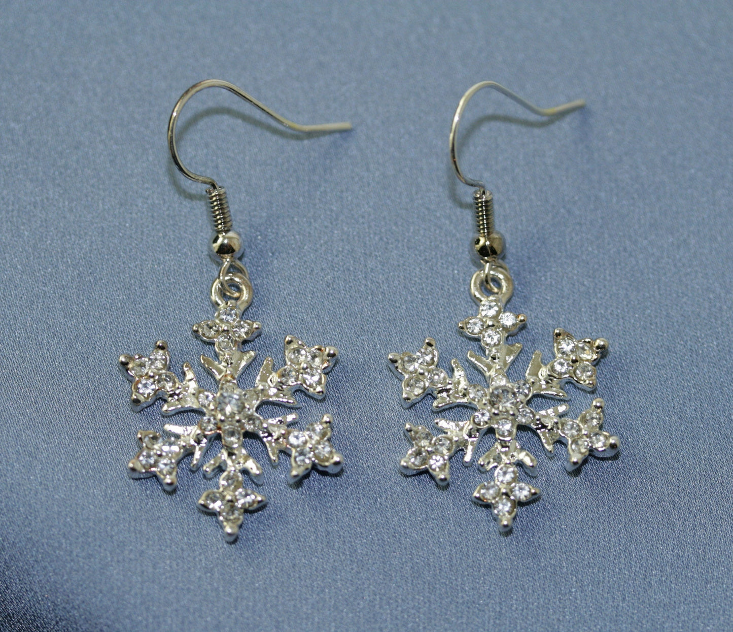 Rhinestone French Hook Snowflake Earrings, Silver Plated Christmas Crystal Snow Flake Dangling Earring, Holiday Fashion Jewelry Gift