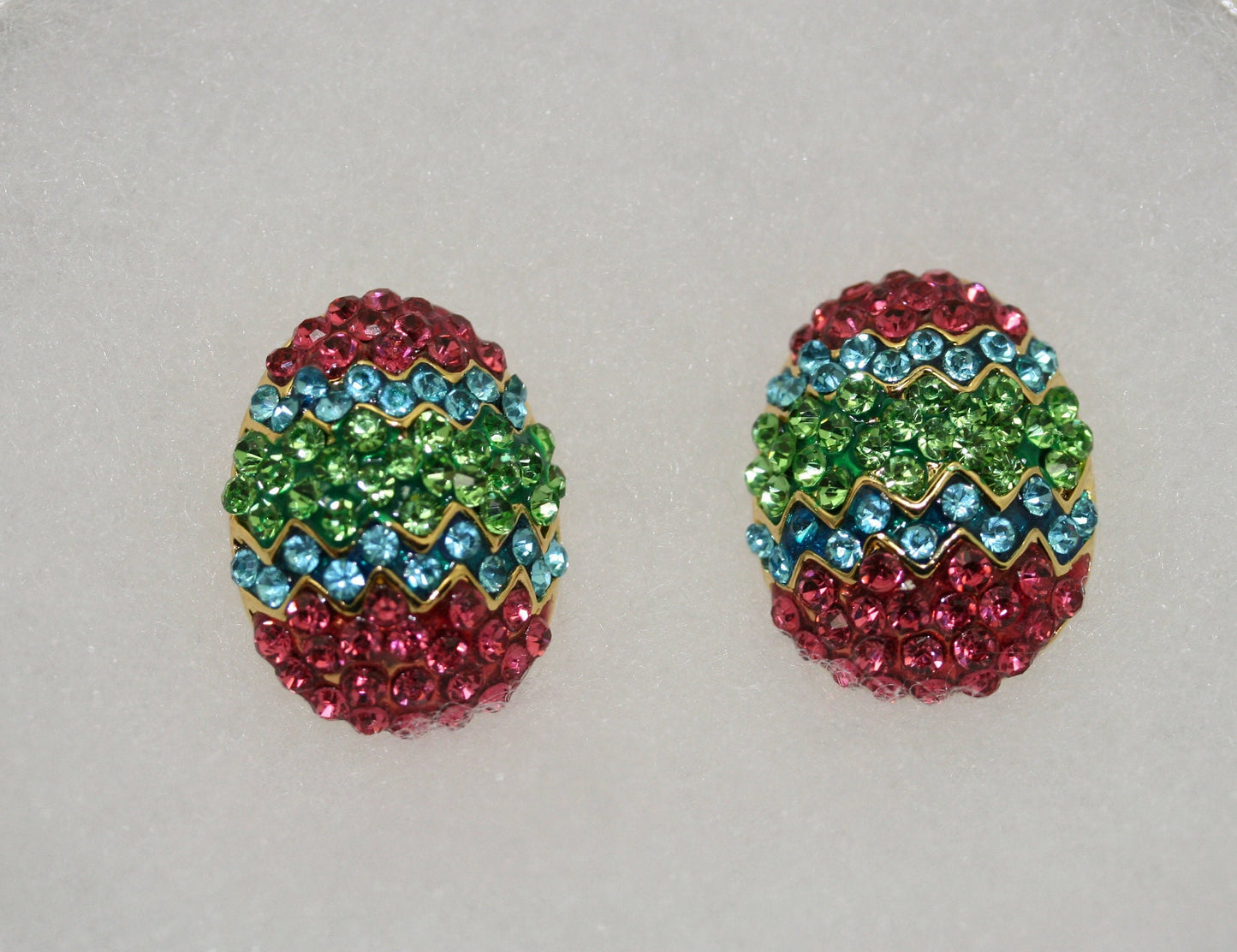 Rhinestone Multi-Colors Easter Egg Brooch Pin and Post Earrings Set, Easter Holiday Costume Jewelry