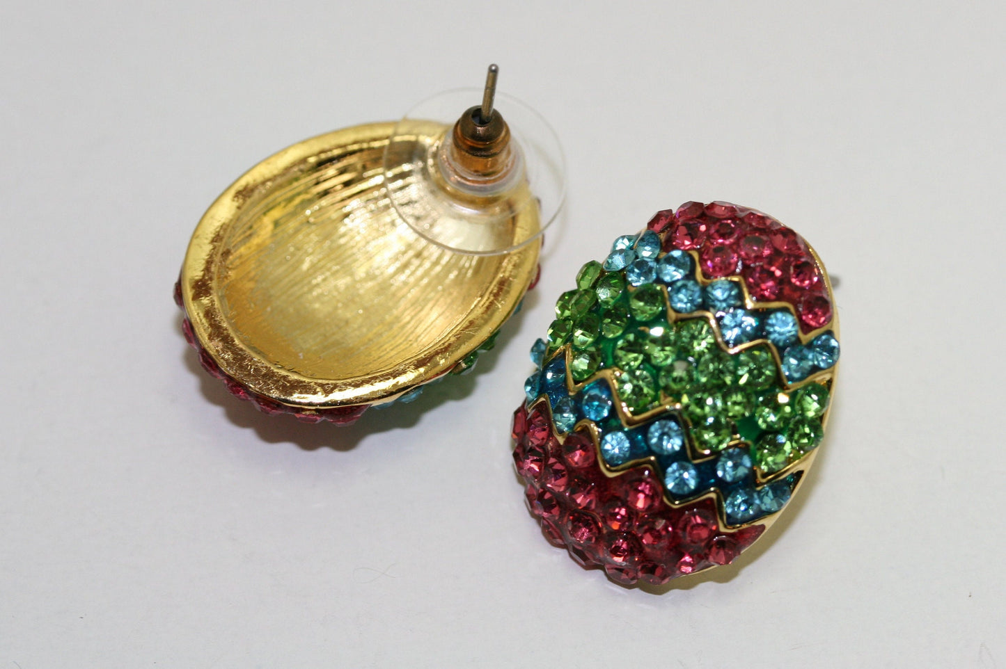 Rhinestone Multi-Colors Easter Egg Brooch Pin and Post Earrings Set, Easter Holiday Costume Jewelry