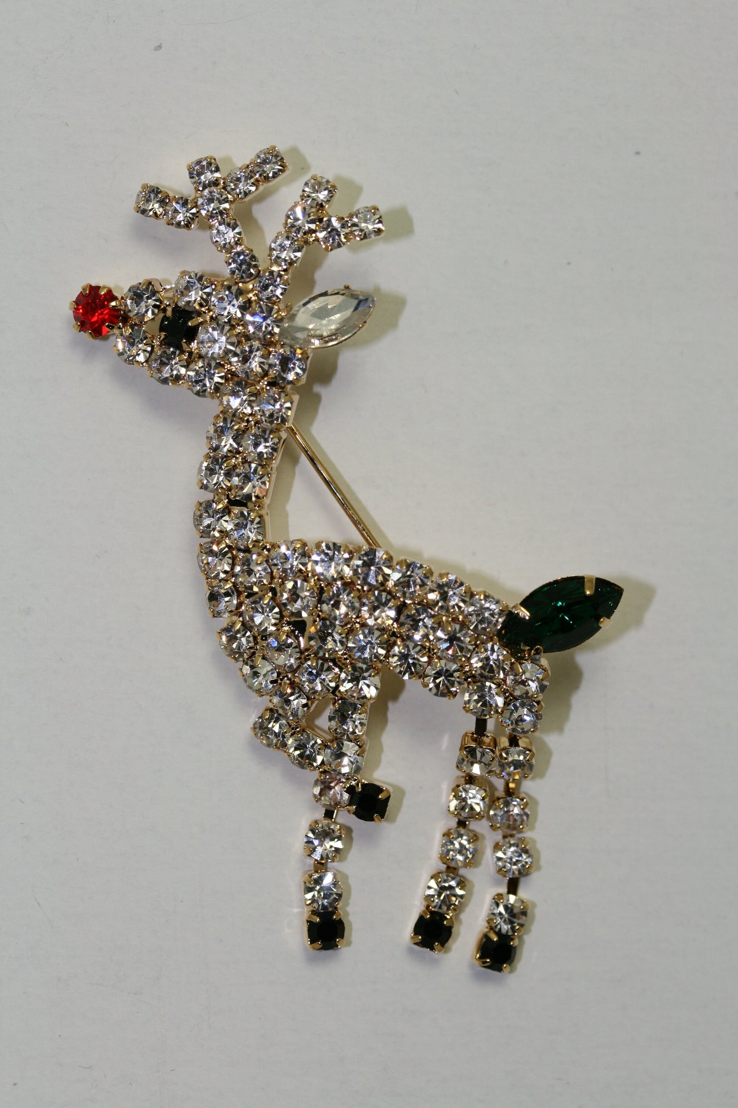 Rhinestone Rudolph Reindeer Christmas Pin Brooch, MOVABLE LEGS, Xmas Holiday Costume Jewelry Gift