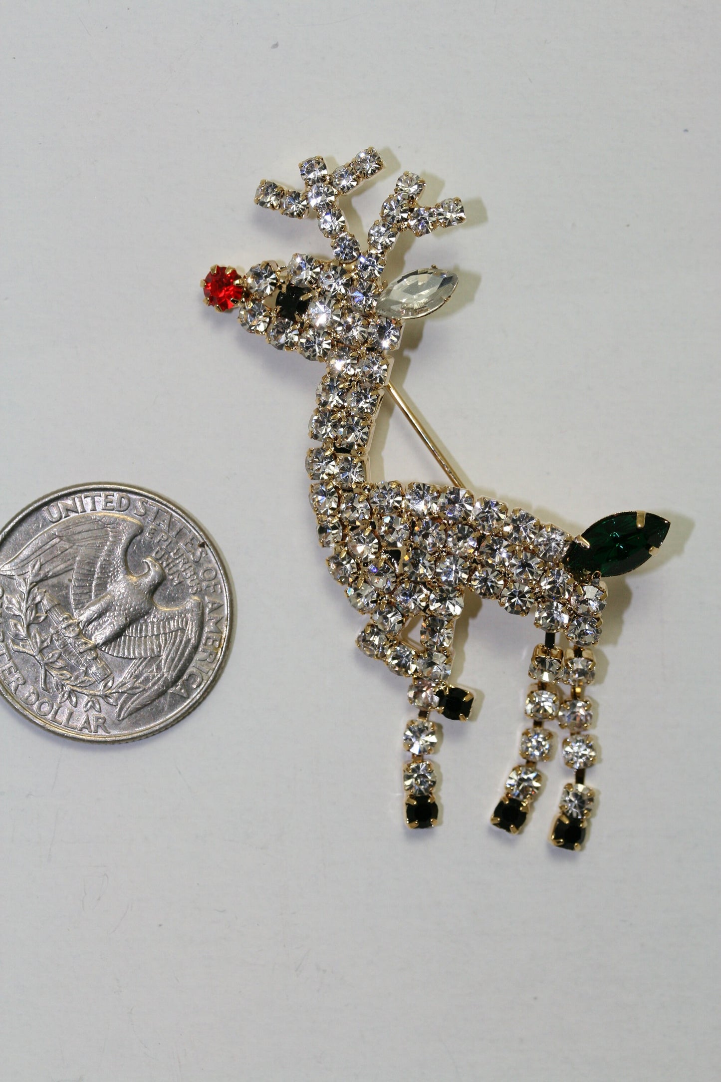 Rhinestone Rudolph Reindeer Christmas Pin Brooch, MOVABLE LEGS, Xmas Holiday Costume Jewelry Gift
