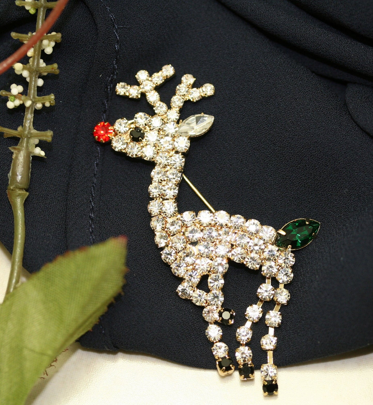 Rhinestone Rudolph Reindeer Christmas Pin Brooch, MOVABLE LEGS, Xmas Holiday Costume Jewelry Gift