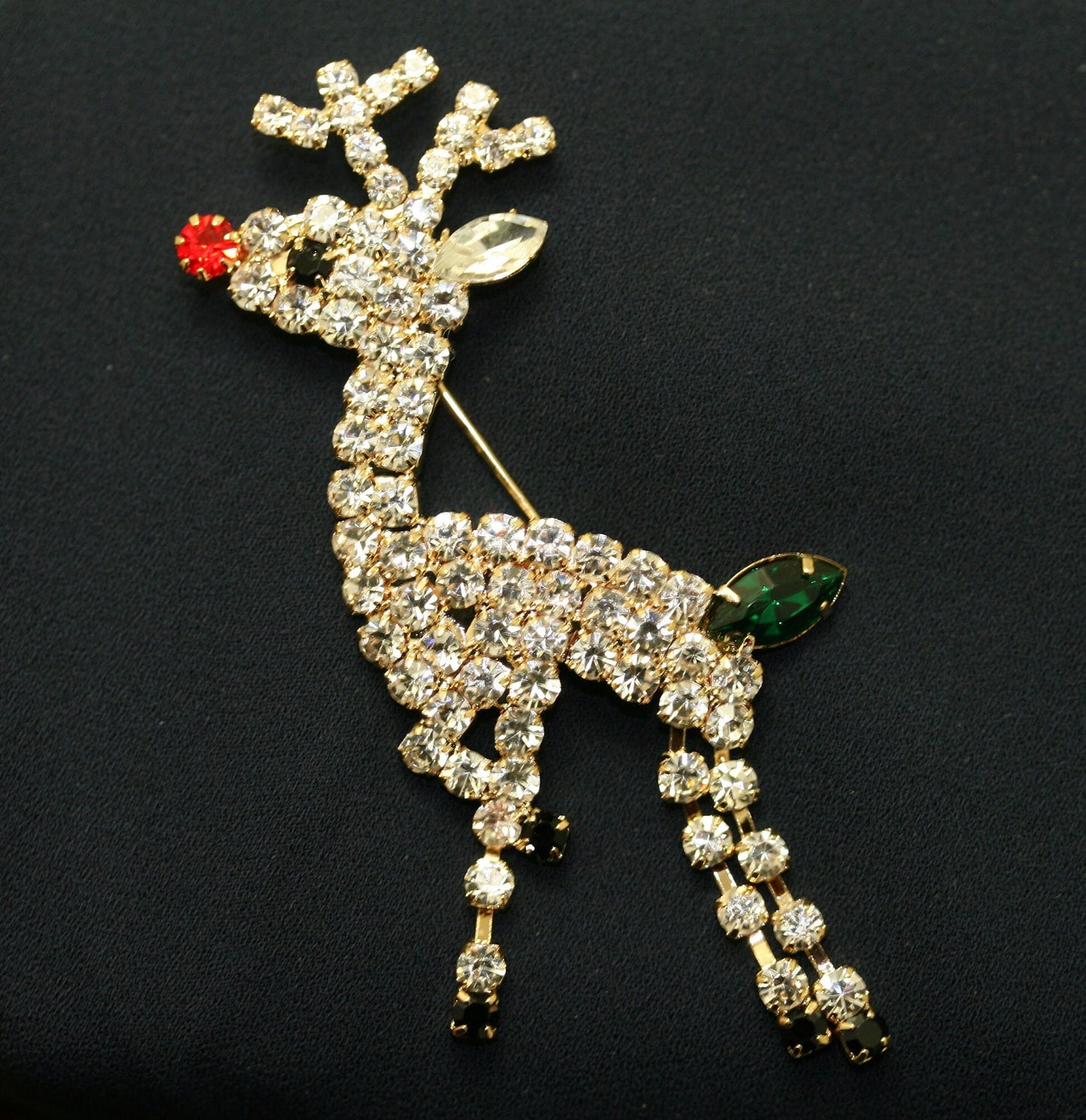 Rhinestone Rudolph Reindeer Christmas Pin Brooch, MOVABLE LEGS, Xmas Holiday Costume Jewelry Gift
