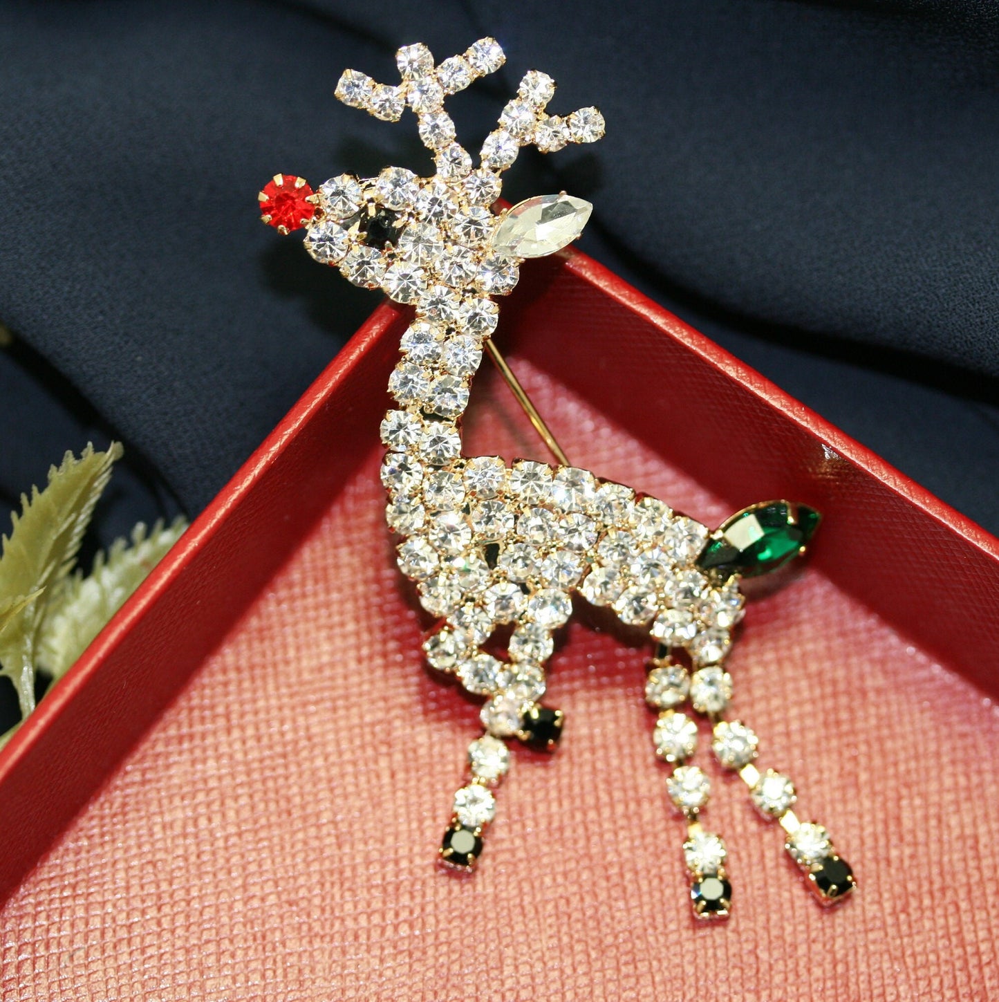 Rhinestone Rudolph Reindeer Christmas Pin Brooch, MOVABLE LEGS, Xmas Holiday Costume Jewelry Gift