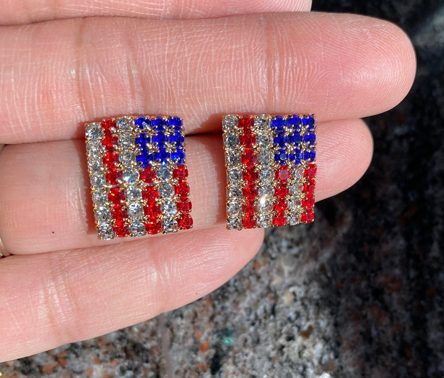 Rhinestone American USA Flag 4th July Stud Earrings, Gold-Plated Patriotic Red White Blue Flag Earring, Patriotic Independence Jewelry
