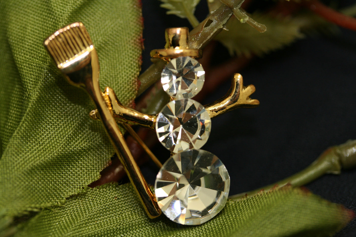 Christmas Snow Man Brooch Pin, Clear Rhinestone with Gold Tone Broom, Xmas Holiday Snowman Jewelry