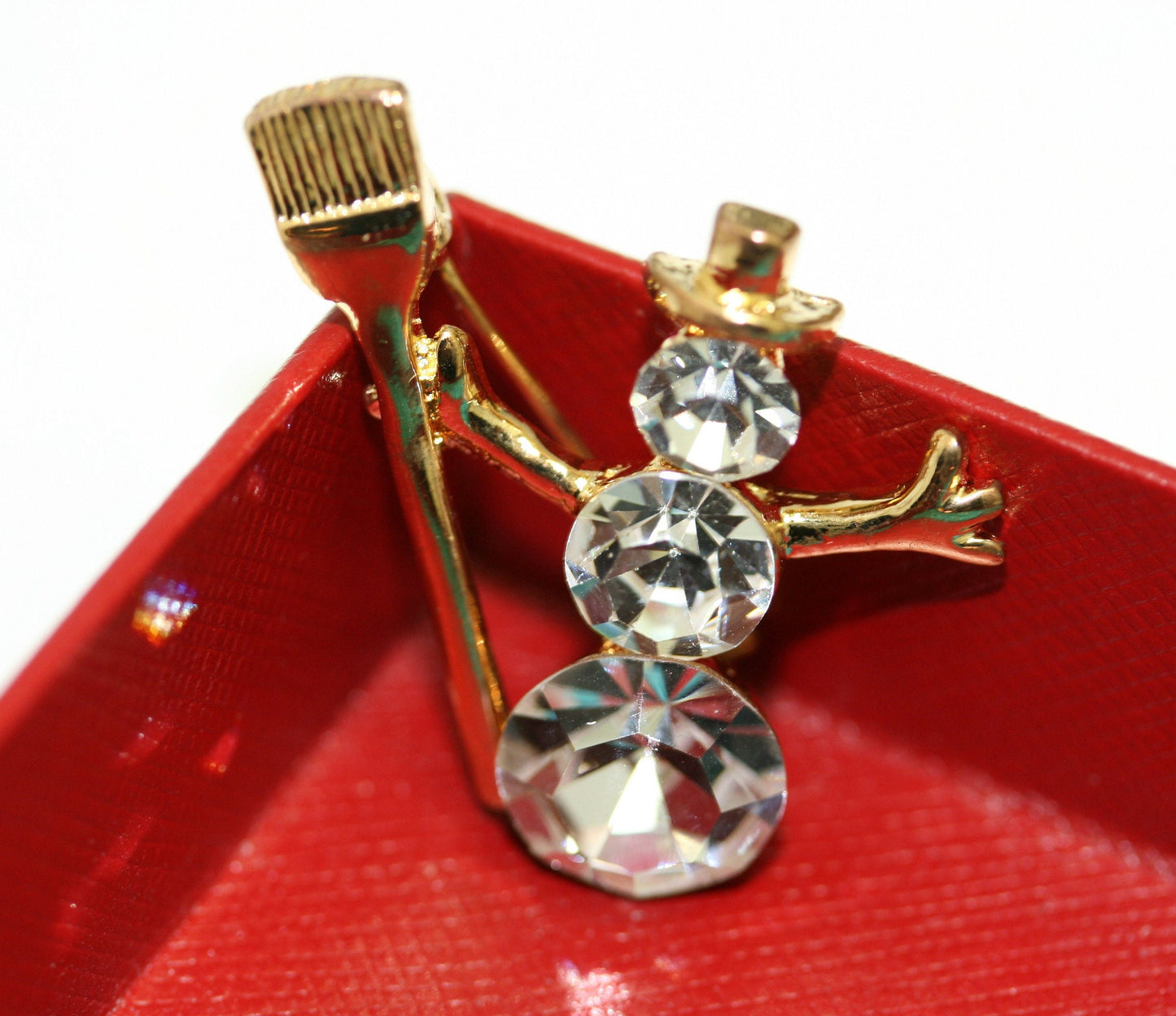 Christmas Snow Man Brooch Pin, Clear Rhinestone with Gold Tone Broom, Xmas Holiday Snowman Jewelry