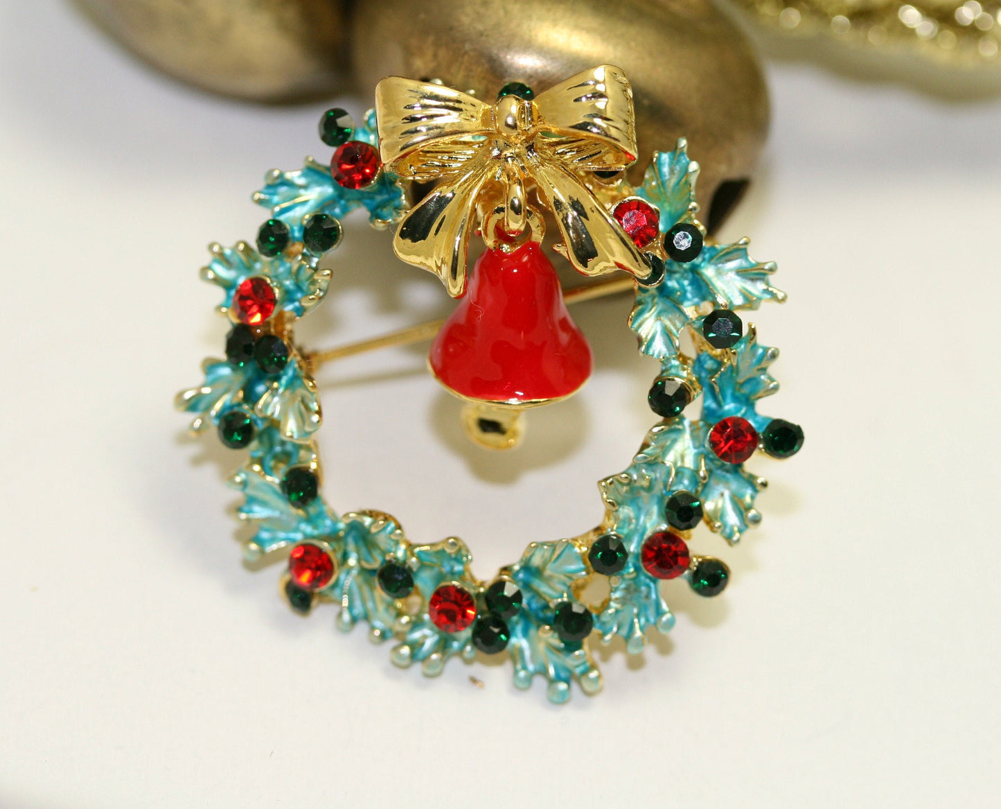 Classic Christmas Wreath with Bow & Bell Rhinestone Crystal Pin Brooch, Xmas Holiday Jewelry Gift