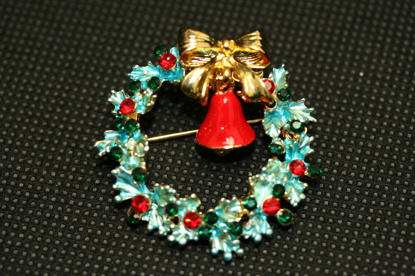 Classic Christmas Wreath with Bow & Bell Rhinestone Crystal Pin Brooch, Xmas Holiday Jewelry Gift