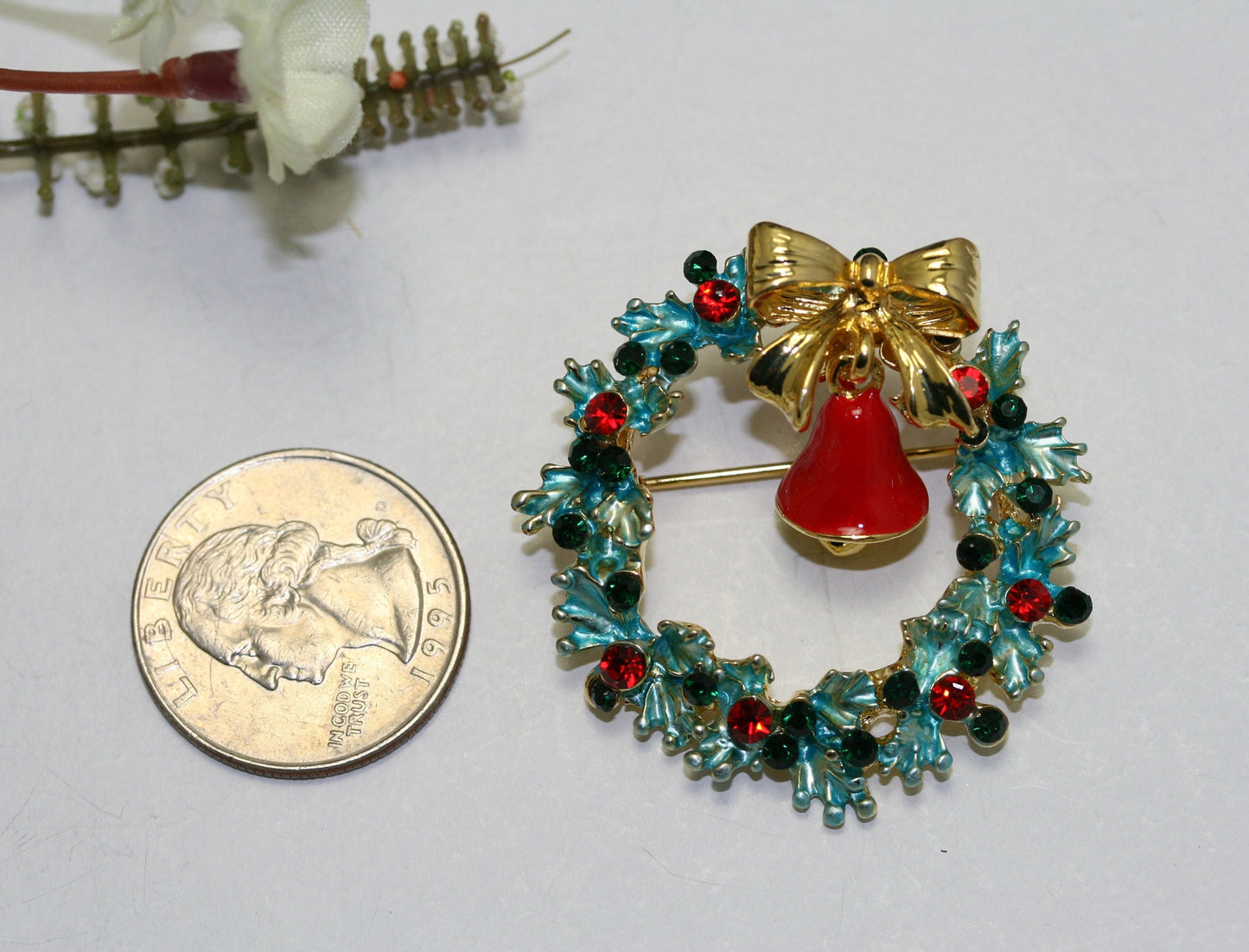 Classic Christmas Wreath with Bow & Bell Rhinestone Crystal Pin Brooch, Xmas Holiday Jewelry Gift