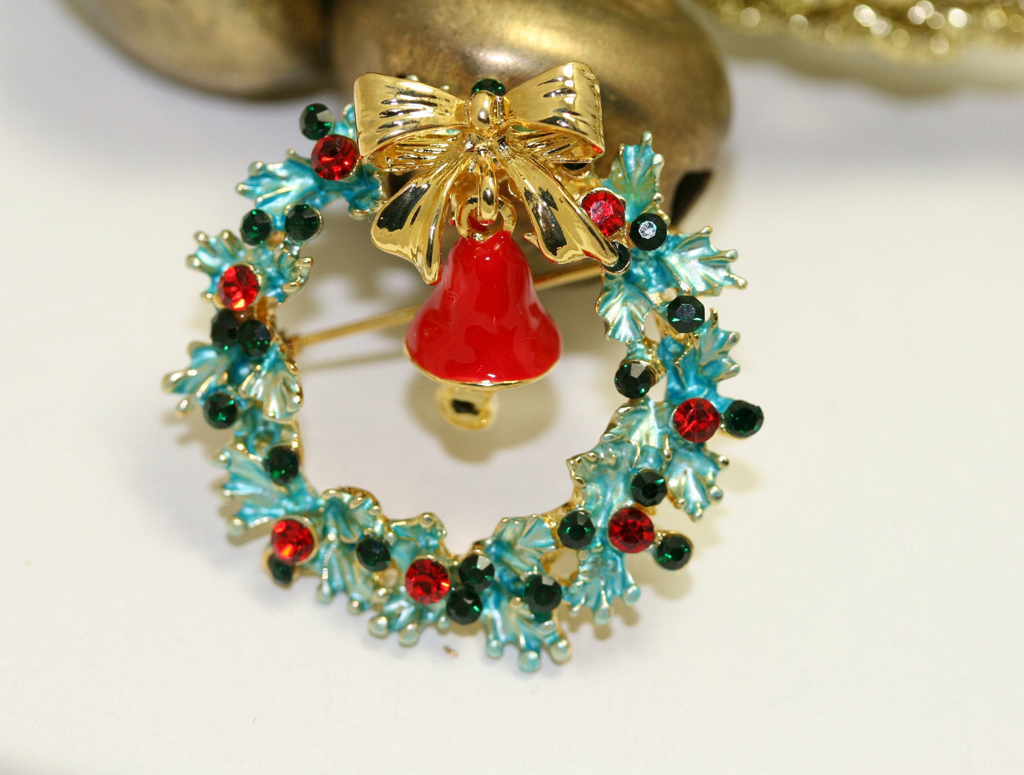 Classic Christmas Wreath with Bow & Bell Rhinestone Crystal Pin Brooch, Xmas Holiday Jewelry Gift