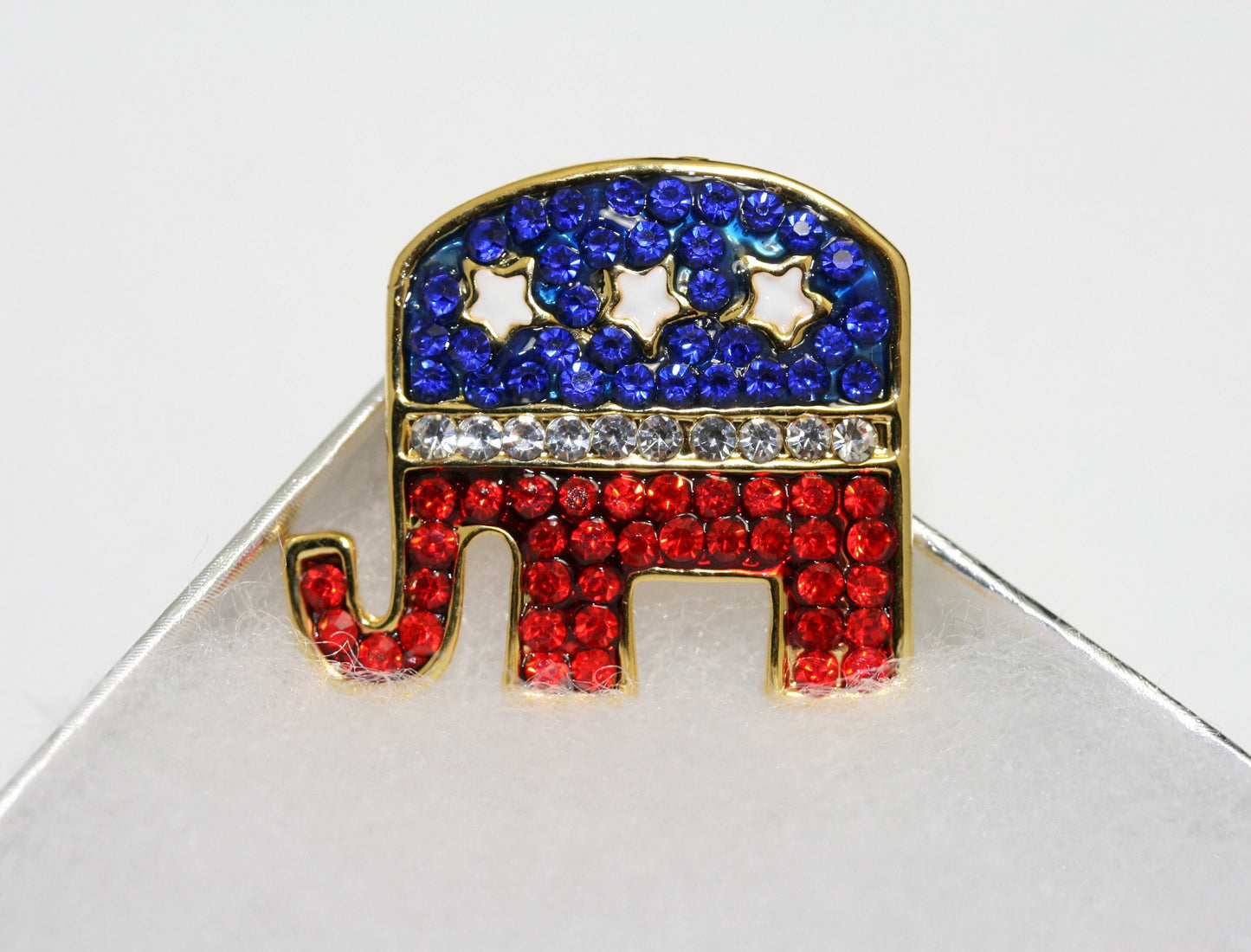 Red White Blue Republican GOP Elephant Sparkling Rhinestone Brooch Pin + Pendant, 4th July Patriotic Fashion Jewelry
